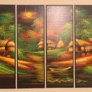 Painting of a Thai village with thatched roofs and river boats